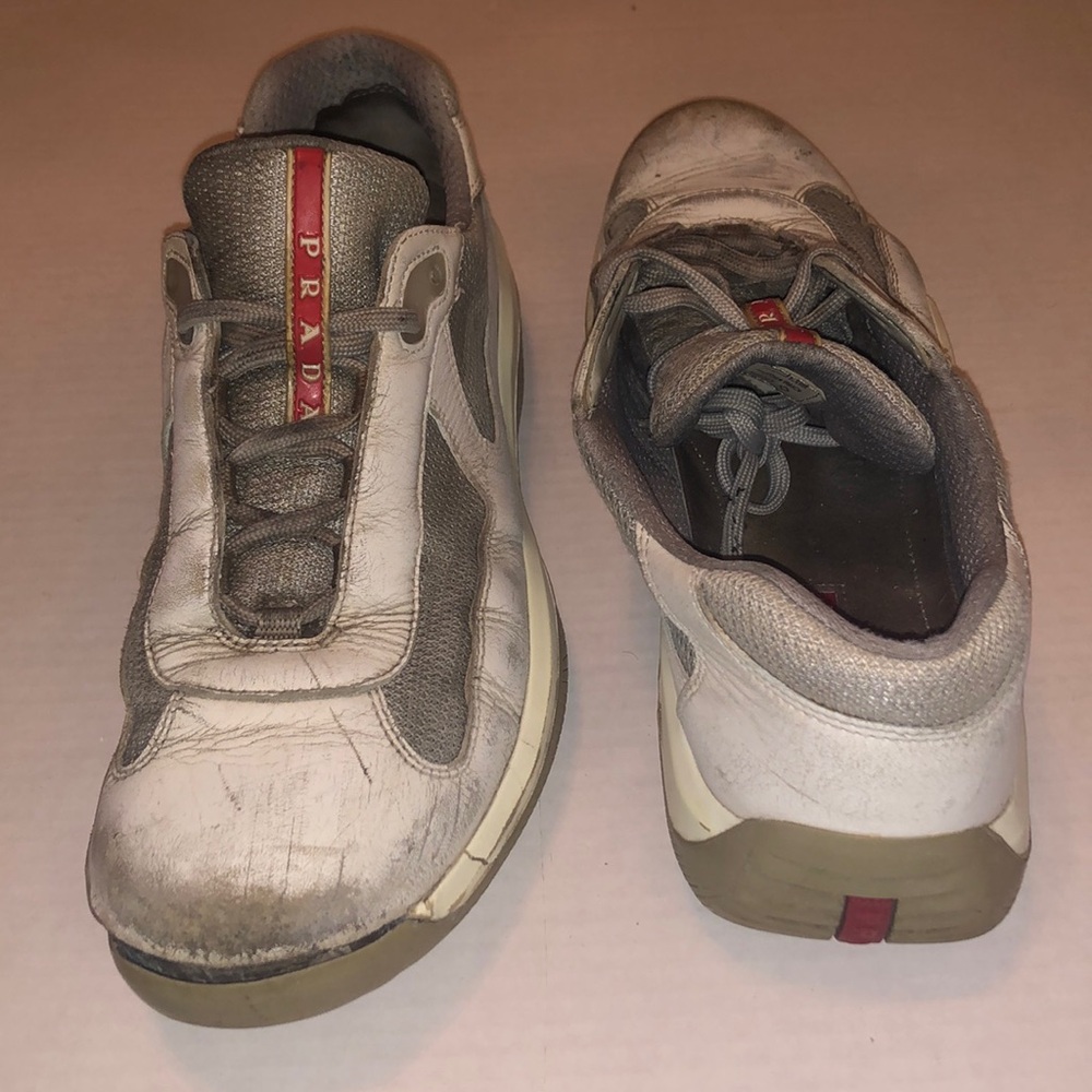 Prada Sneakers  Non-slip White Silver Calf Leather Distressed Used Pradas.
